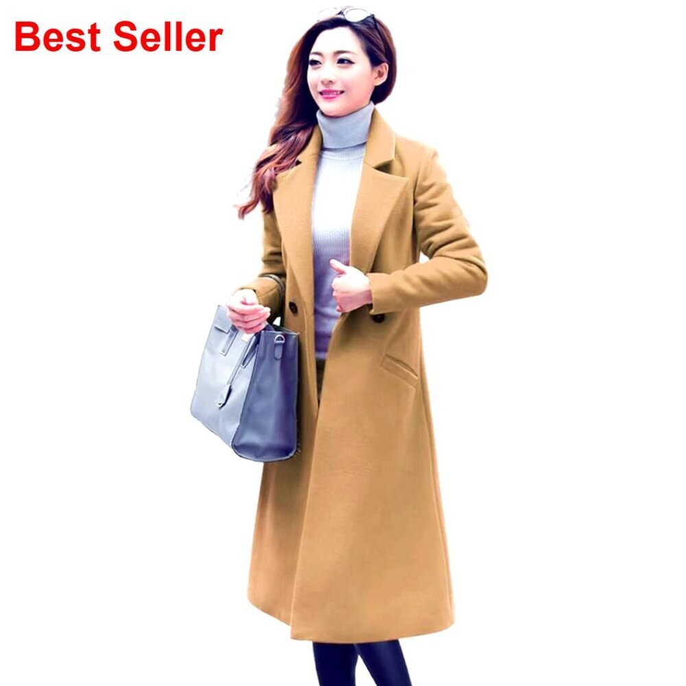 Long Wool Pea Coat with Notch Collar Slim Fit Winter Coat
